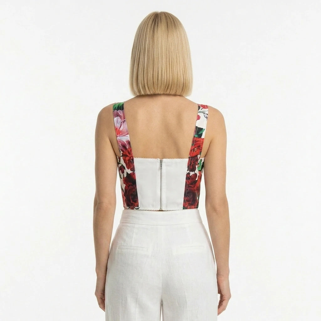 Red Floral Cotton Bustier Top
