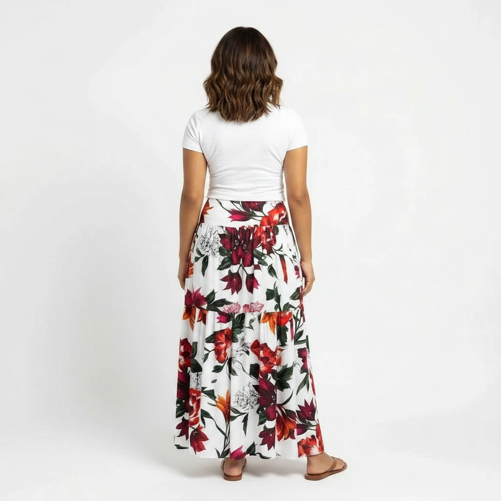 Red Lilies floral print 100% cotton maxi skirt