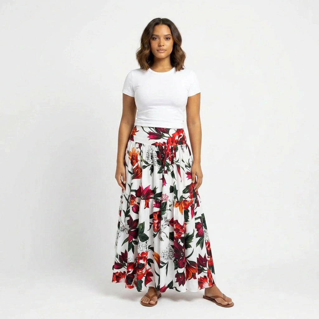 Red Lilies floral print 100% cotton maxi skirt