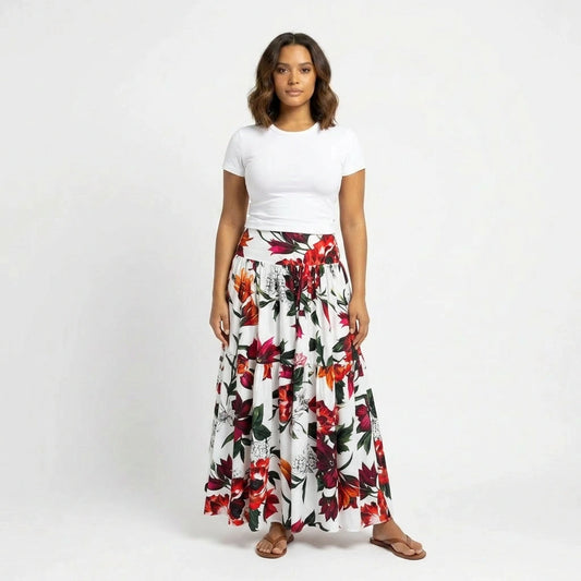 Red Lilies floral print 100% cotton maxi skirt