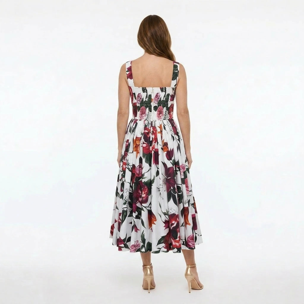 Floral Red Lilies print push up 100% cotton dress