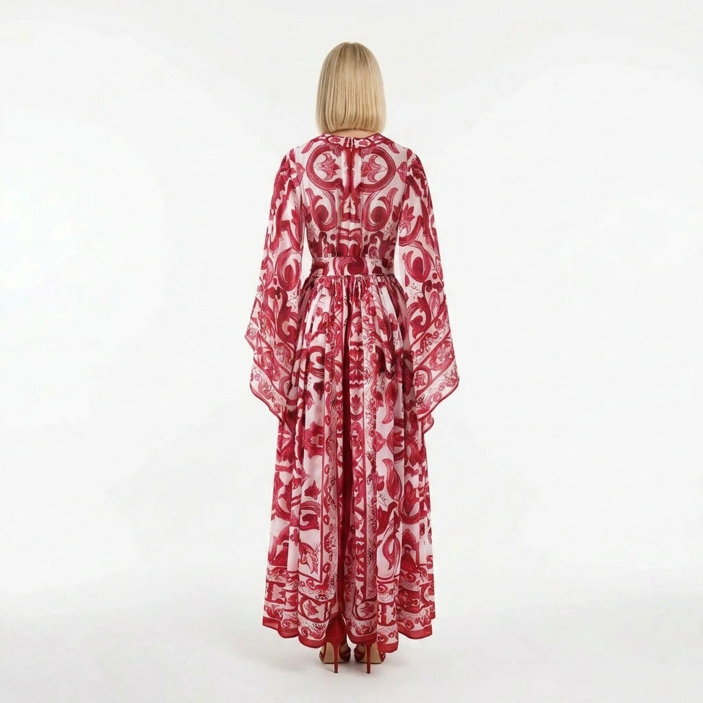 Red Majolica print Flared sleeves chiffon maxi dress