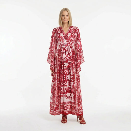 Red Majolica print Flared sleeves chiffon maxi dress