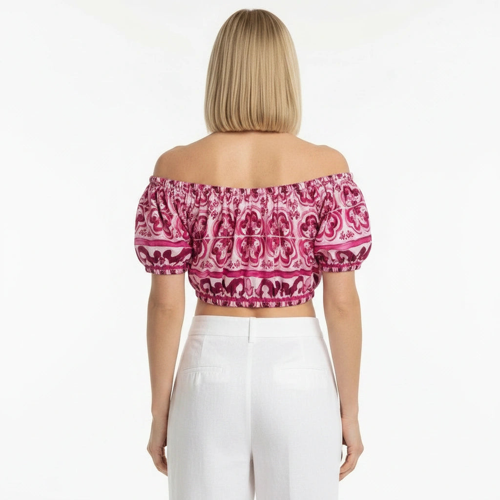 Red Majolica Cotton Off Shoulder Crop Top