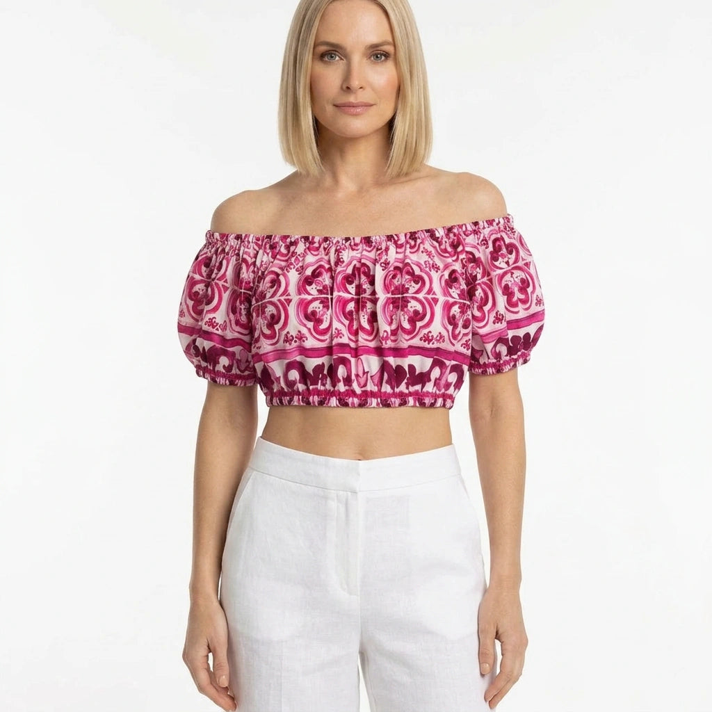 Red Majolica Cotton Off Shoulder Crop Top