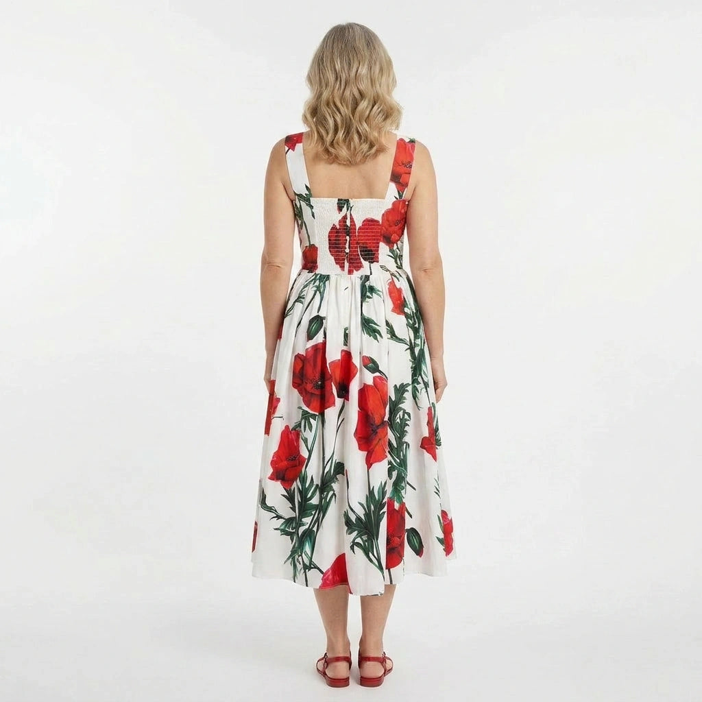 Red Poppies Floral Cotton Midi Dress with Padded Cups