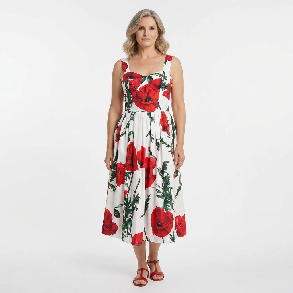Red Poppies Floral Cotton Midi Dress with Padded Cups
