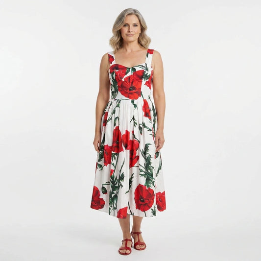 Red Poppies Floral Cotton Midi Dress with Padded Cups