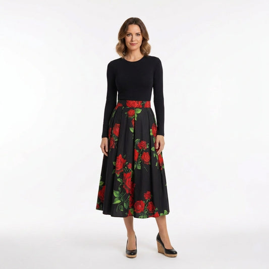 Red Roses Cotton Midi Skirt