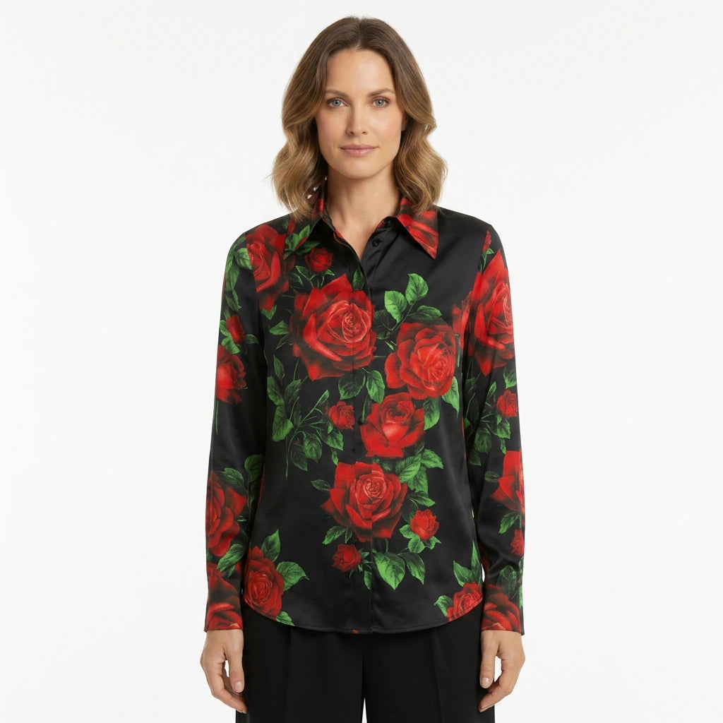 Red Roses Black Silk Blouse