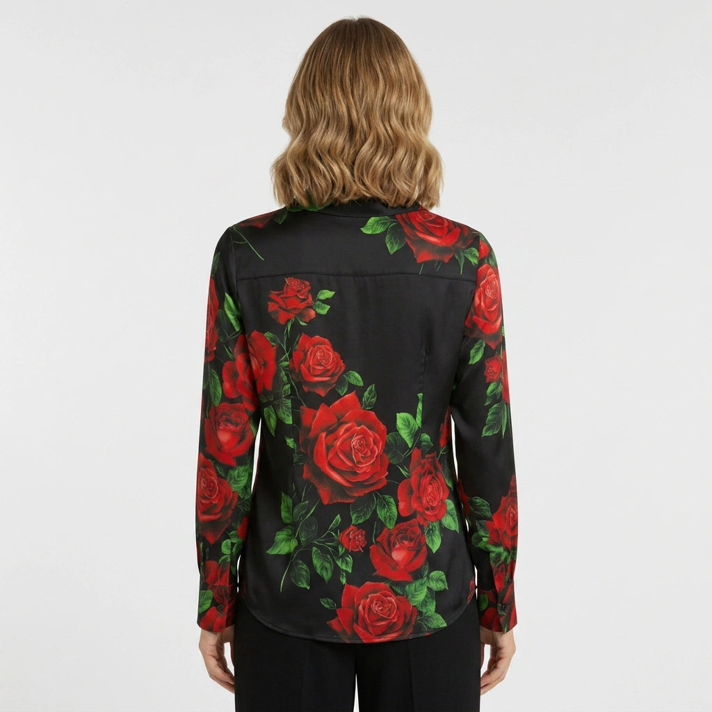 Red Roses Black Silk Blouse