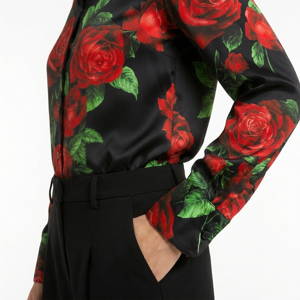Red Roses Black Silk Blouse