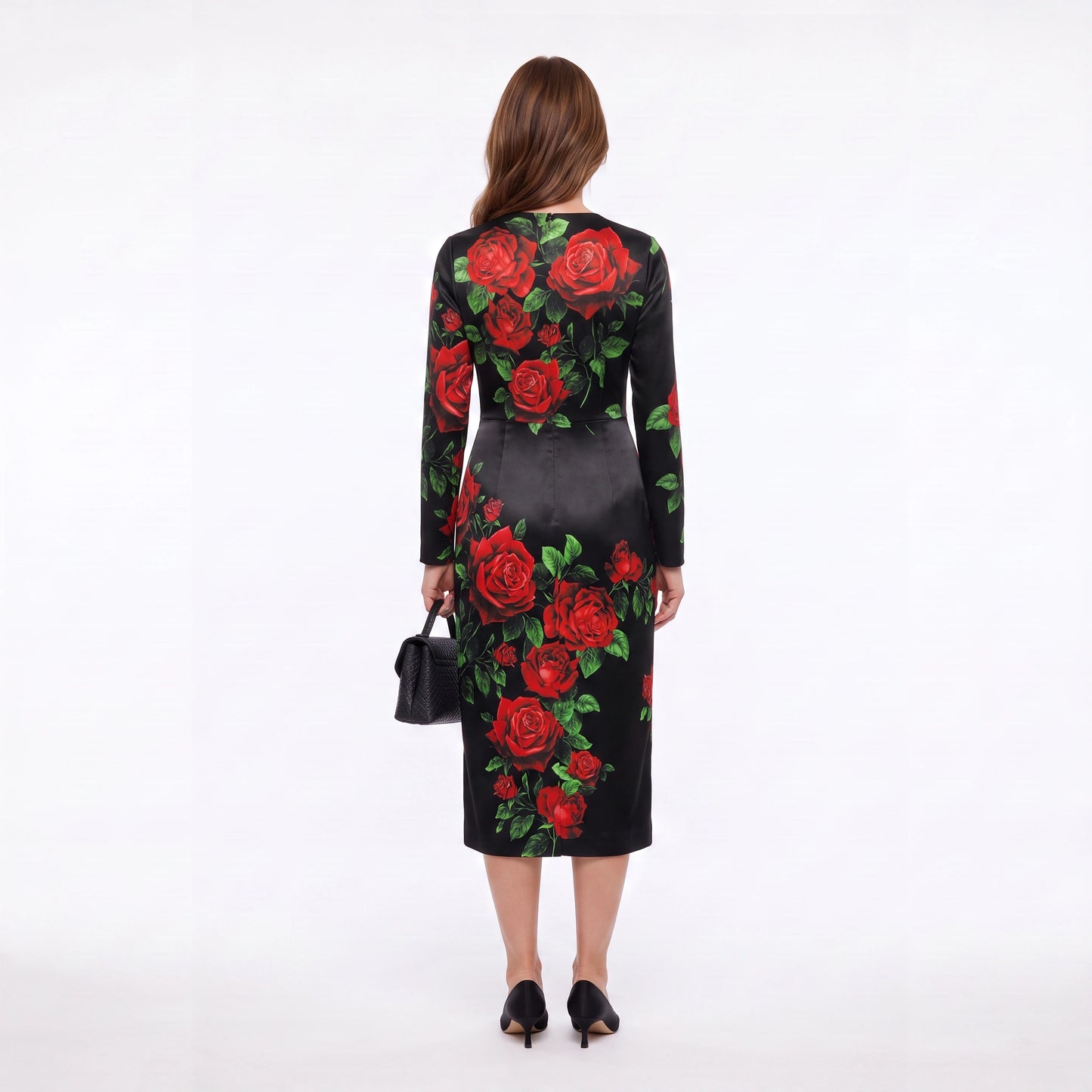 Red Roses Silk Midi Dress with Long Sleeves