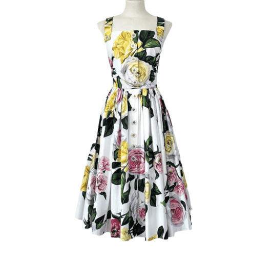 Roses floral print button front 100% cotton pleated sundress - Dress By Vicky