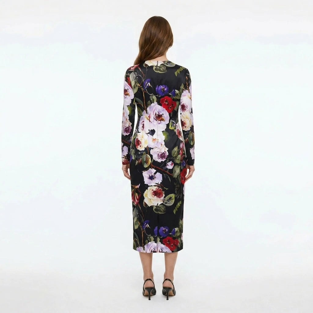 Long Sleeve Silk Midi Dress in Bold Floral Print