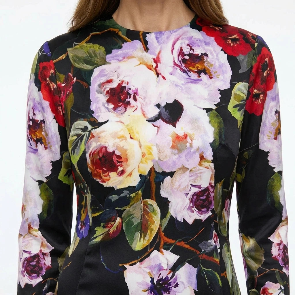 Long Sleeve Silk Midi Dress in Bold Floral Print