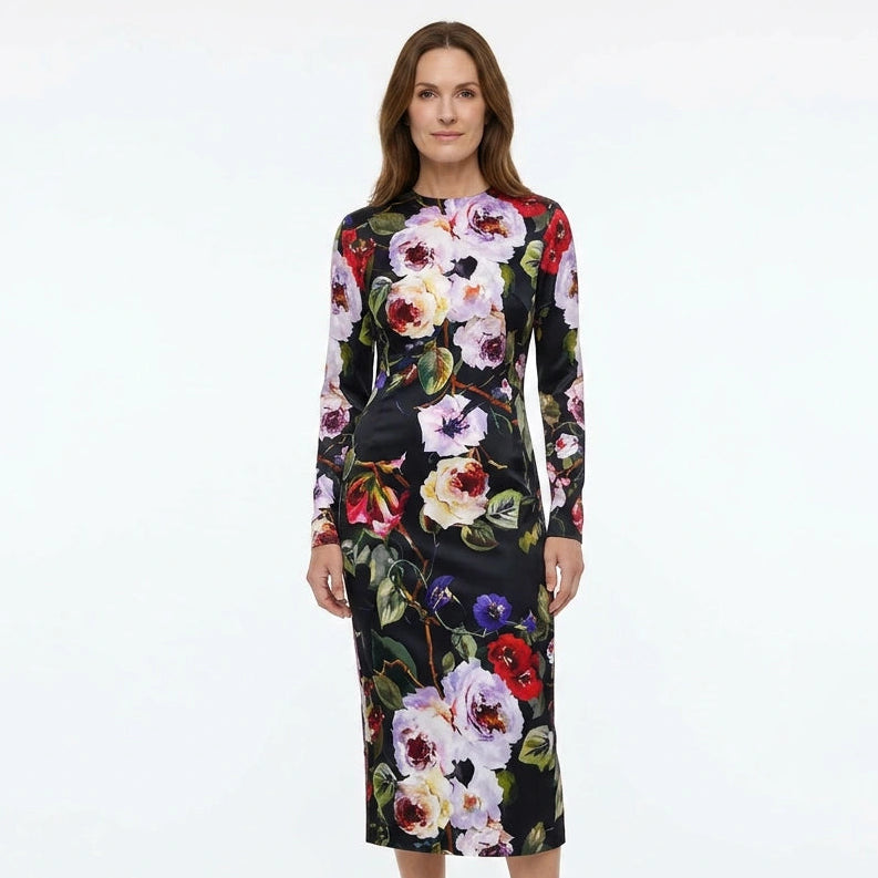 Woman wearing a floral dress on a white background