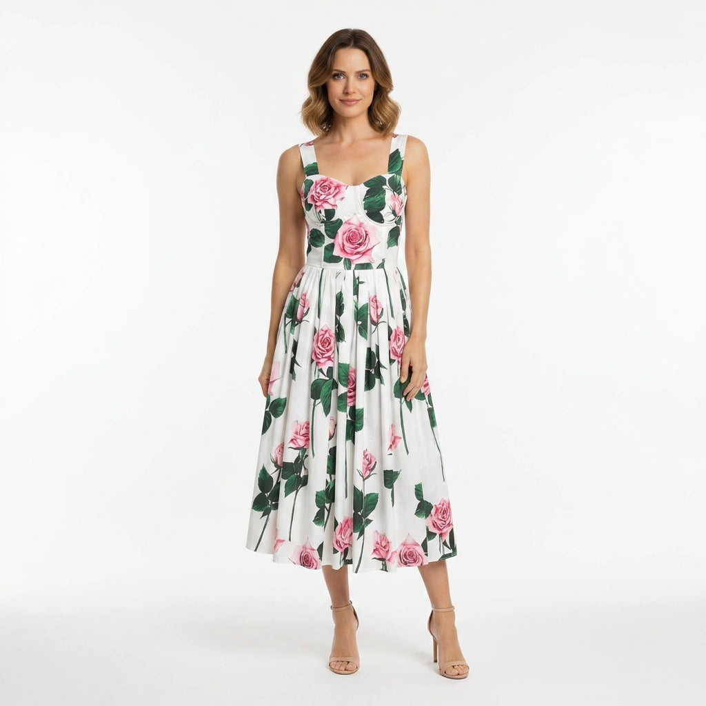 Italian Pink Roses Push Up Cotton Dress