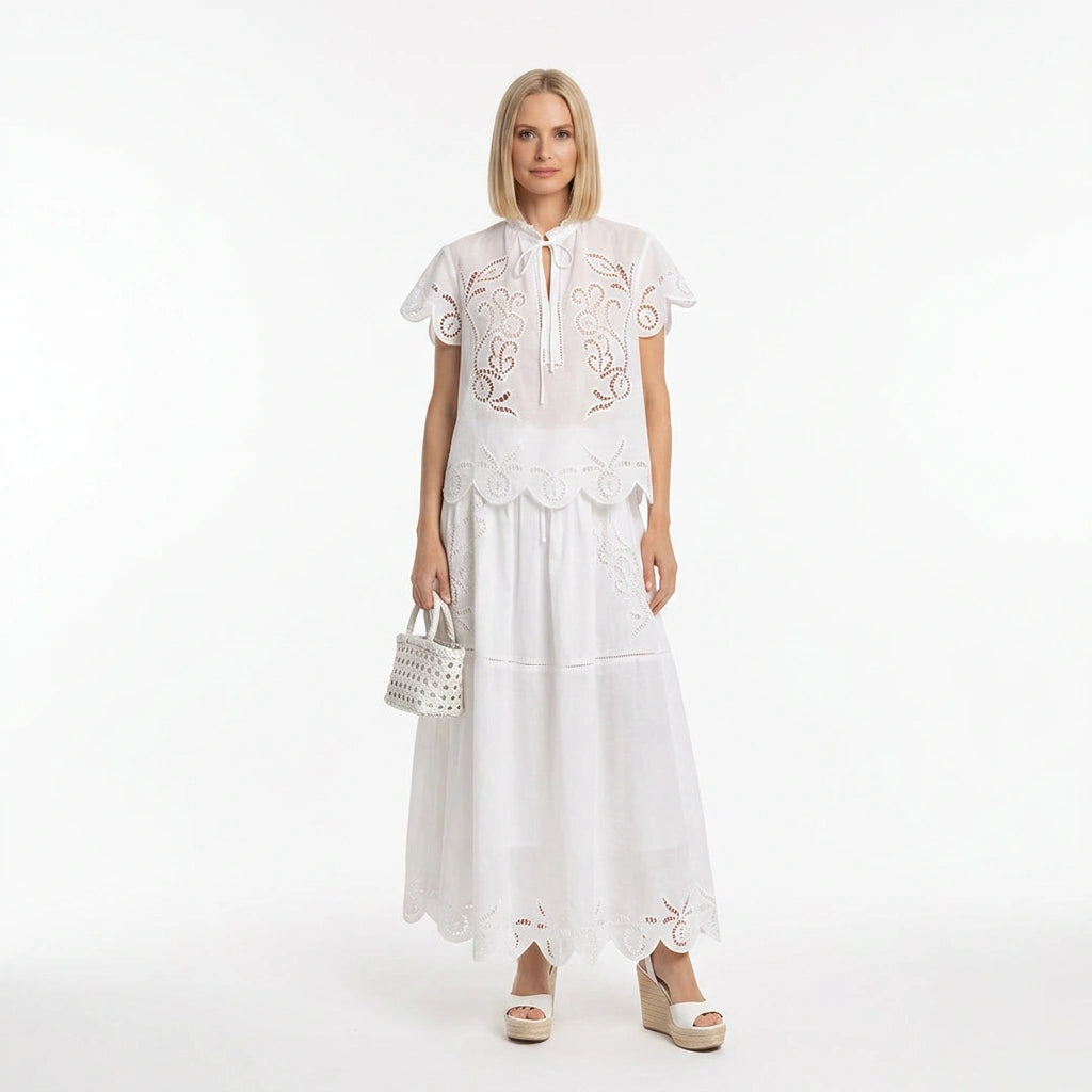 White Broderie Cotton Short-Sleeve Top and Skirt Set