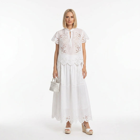 Conjunto de top de manga corta y falda de algodón blanco bordado inglés