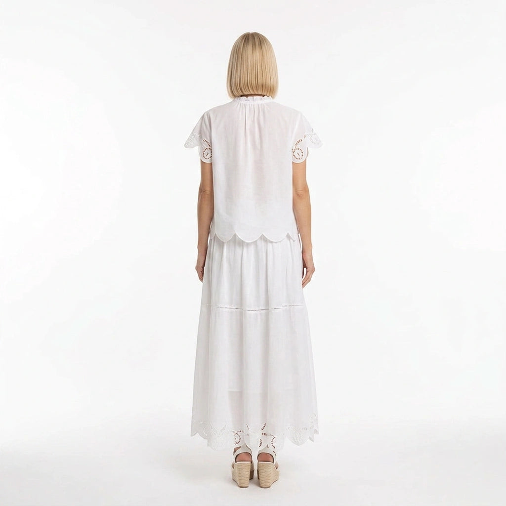 White Broderie Cotton Short-Sleeve Top and Skirt Set