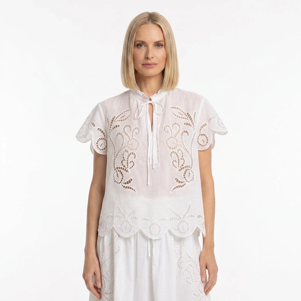 White Broderie Cotton Short-Sleeve Top and Skirt Set