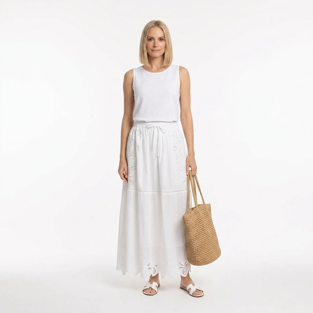 White Broderie Cotton Short-Sleeve Top and Skirt Set