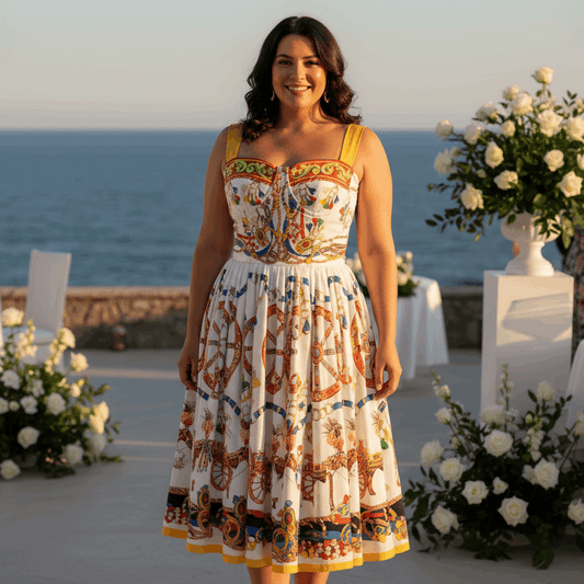 Woman in a colorful dress standing outdoors with tables and floral arrangements.