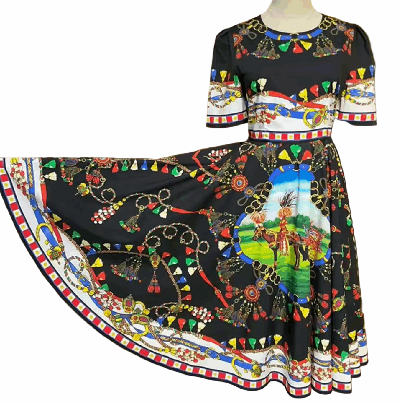 sicilian carnival print cotton midi dress with pockets and short sleeves for summer vacations