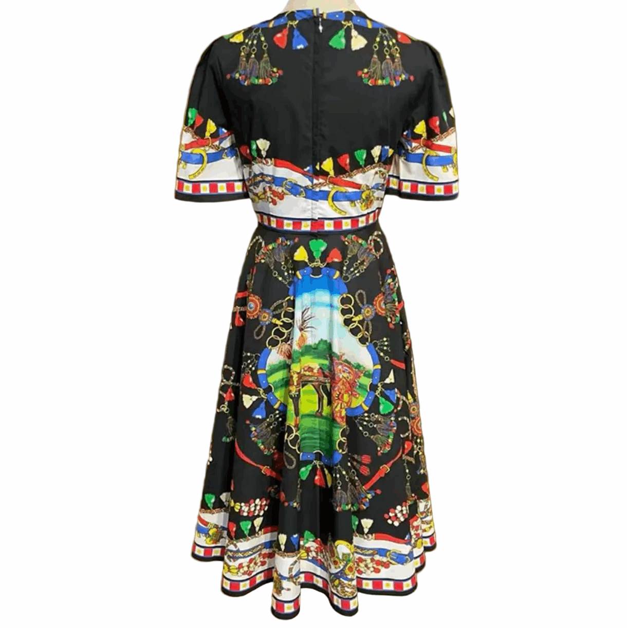 sicilian carnival print cotton midi dress with pockets and short sleeves for summer vacations