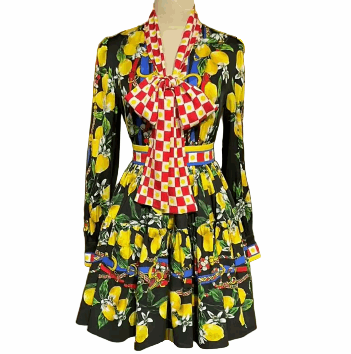 sicilian lemons cotton knee length full skirt and matching silk blouse for summer vacations in italy