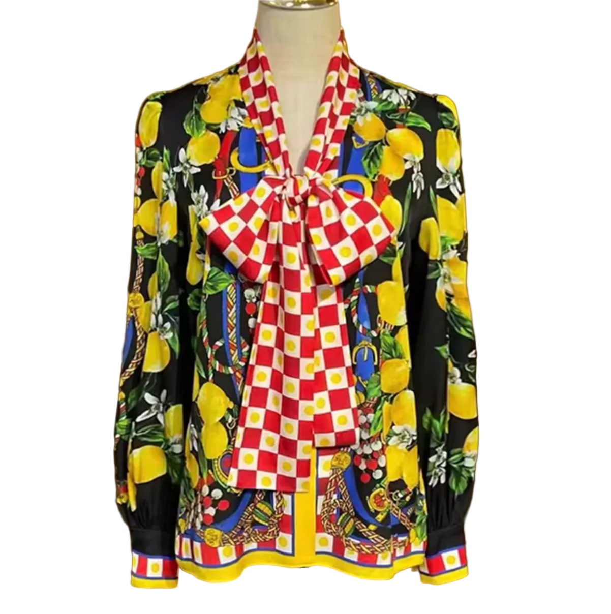 Sicilian Lemons Pure Silk Blouse with Bow - Dress By Vicky