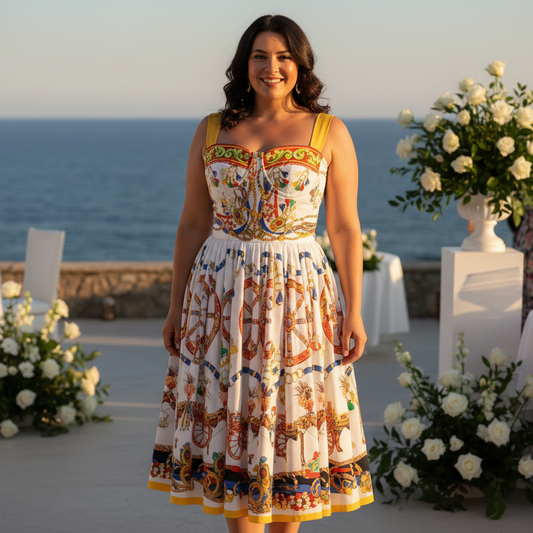 Woman in a colorful dress standing outdoors with tables and floral arrangements.