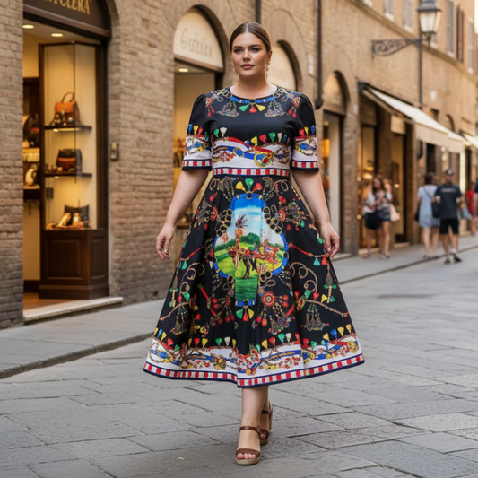 Sicilian Carnival Cotton Midi Dress with Pockets