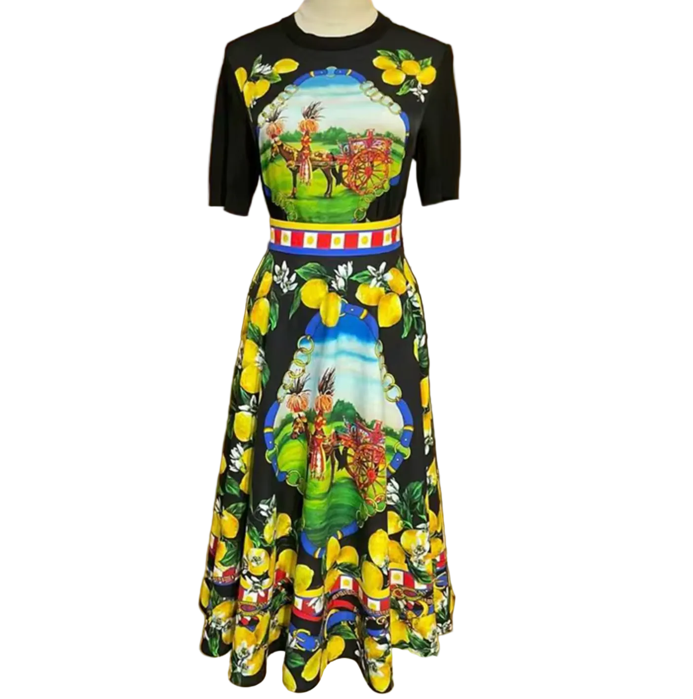 sicilian lemons cotton midi skirt  and matching silk and wool top for summer vacation in italy
