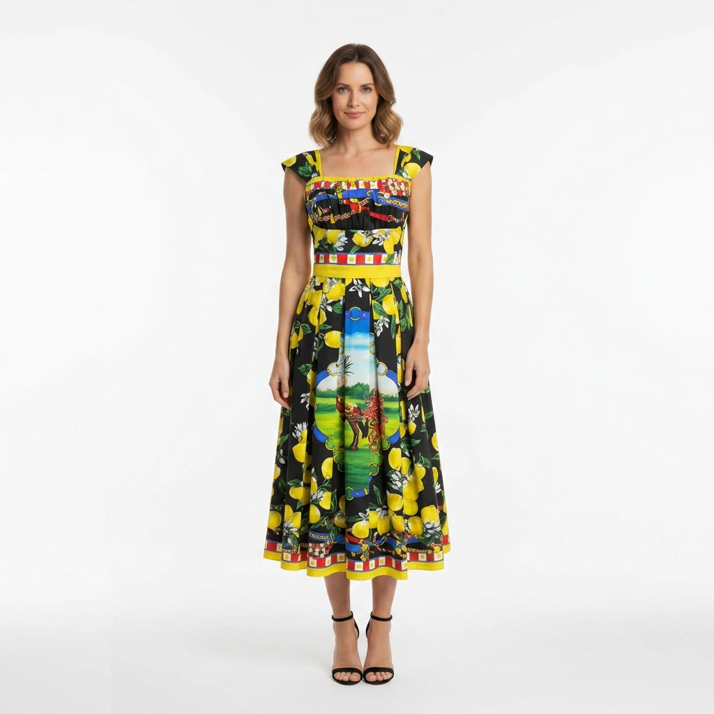 Sicilian Lemons Cotton Midi Dress