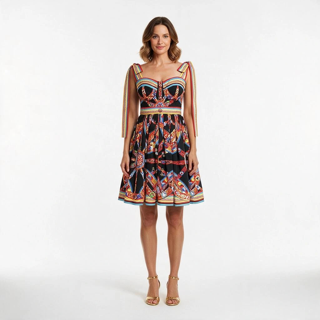 Carretto Cotton Mini Dress with Bow Shoulder Straps
