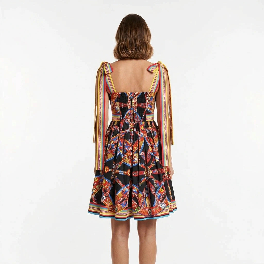 Carretto Cotton Mini Dress with Bow Shoulder Straps