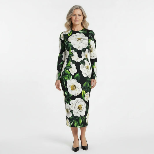 Italian Luxury Designer White Roses print long sleeve 100% silk dress