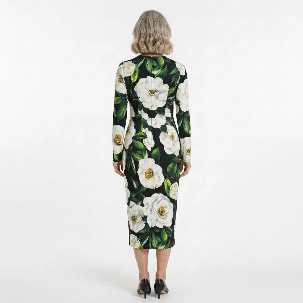 Italian Luxury Designer White Roses print long sleeve 100% silk dress