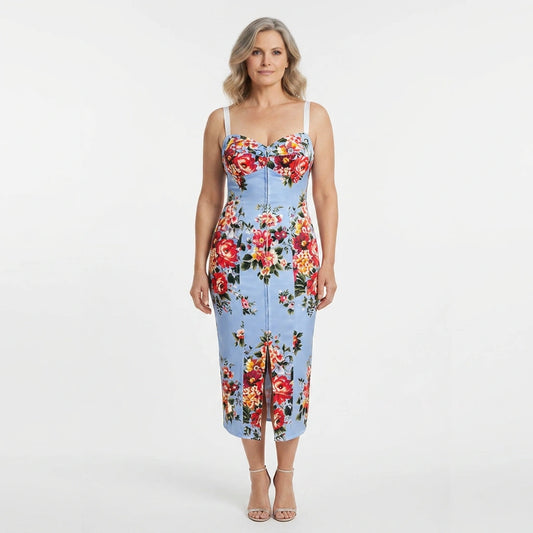 Floralia Italiana Pure Silk Lingerie-Style Blue Midi Dress