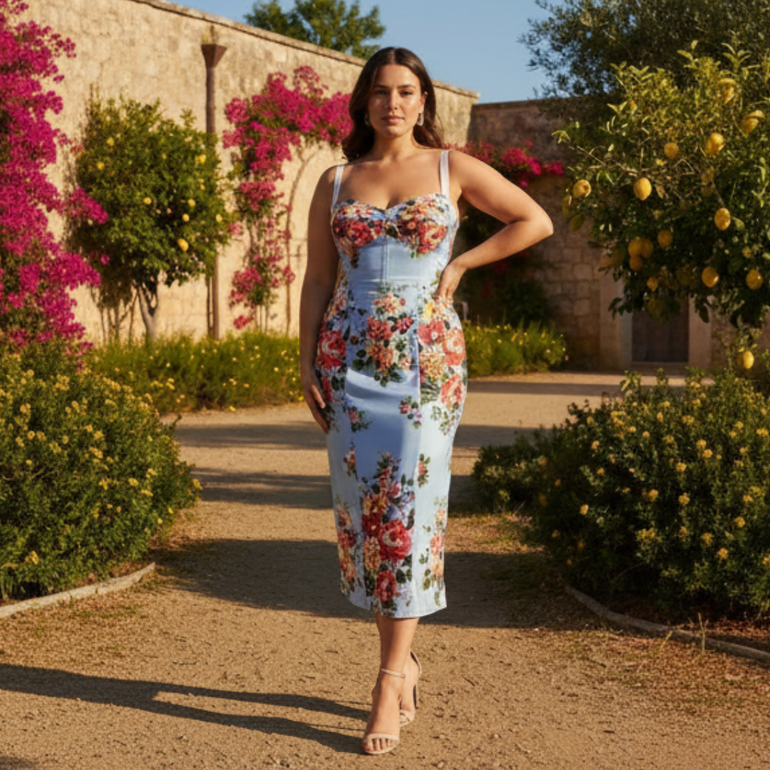 Woman in a floral dress standing in a garden with flowers and trees.