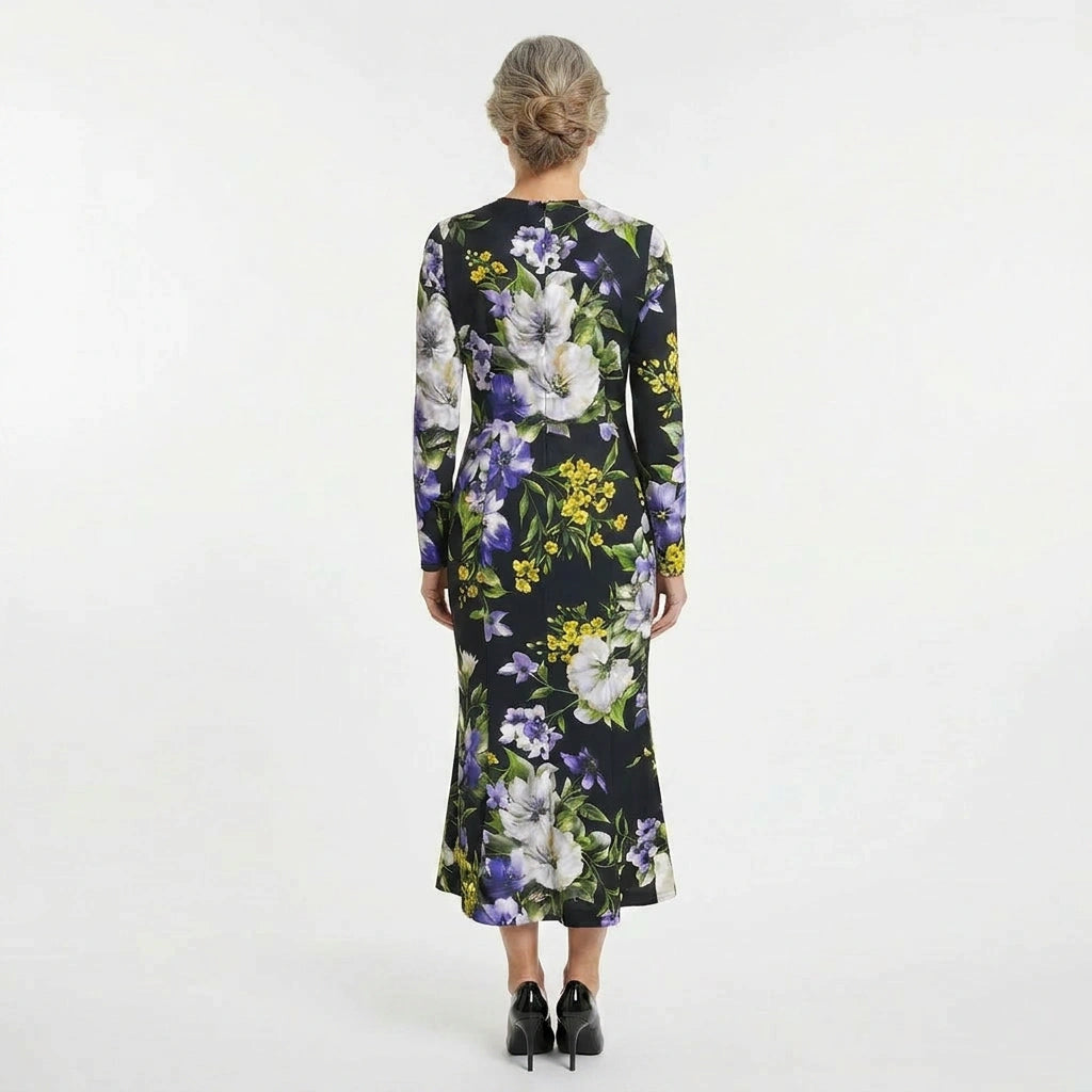 Italian Summer Black Floral Silk Midi Dress
