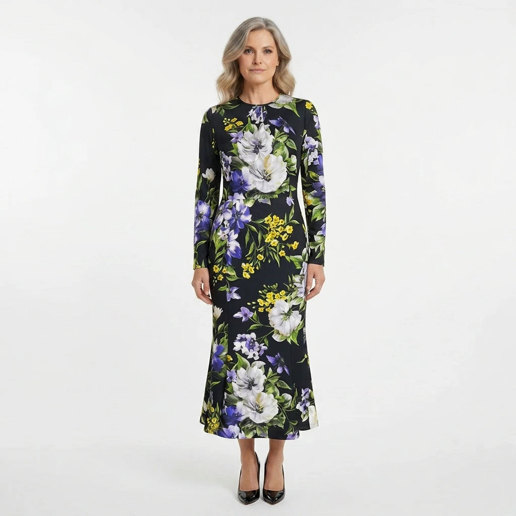 Italian Summer Black Floral Silk Midi Dress