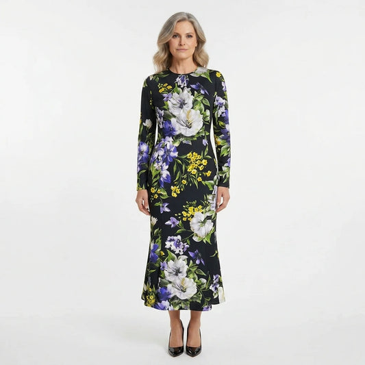 Italian Summer Black Floral Silk Midi Dress