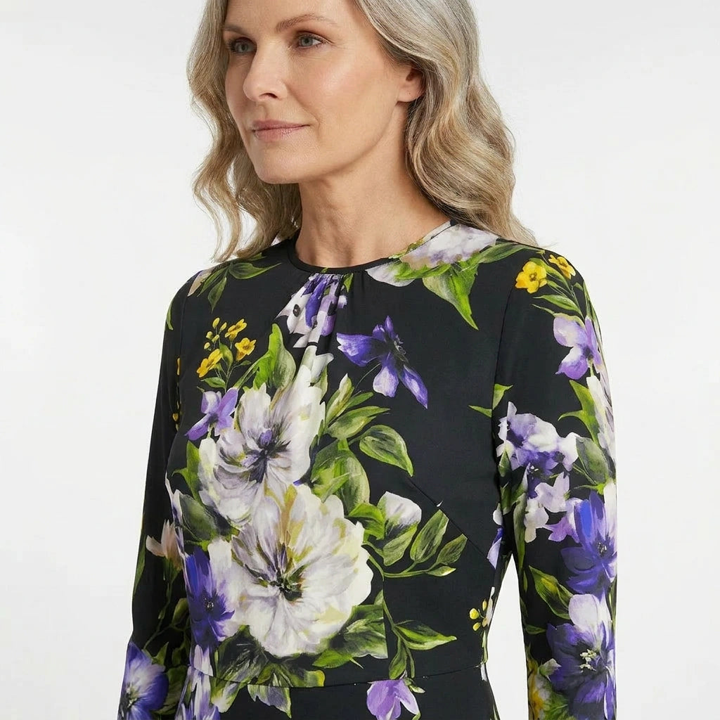Italian Summer Black Floral Silk Midi Dress