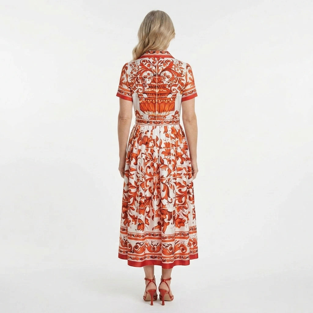 Orange Majolica Silk Midi Dress with Detachable Belt and Pockets