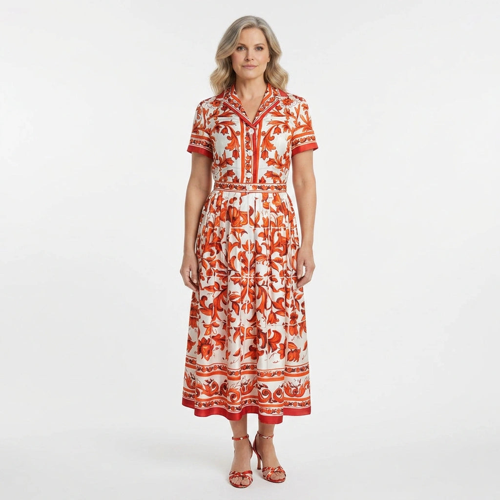 Orange Majolica Silk Midi Dress with Detachable Belt and Pockets