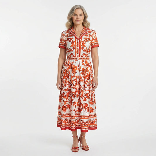 Orange Majolica Silk Midi Dress with Detachable Belt and Pockets
