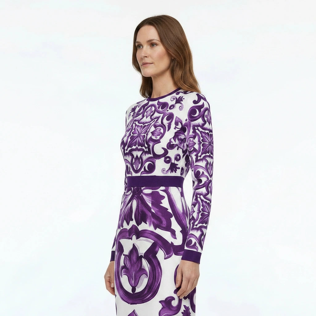 Italian Luxury Purple Majolica print 100% silk dress